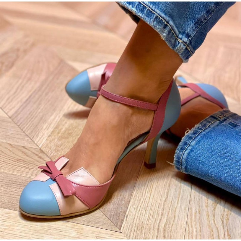 Luxury Lifestyle - 高級感のある女性用ドレスシューズ、ラウンドトゥ、ハイヒール、パンプス、バックルストラップ、蝶結び、ミックスカラー、プラスサイズ43、デートシューズ